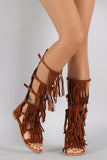 Qupid Suede Fringe Strappy Buckled Gladiator Flat Sandal