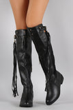 Lycra Buckle Tassel Round Toe Riding Knee High Boot