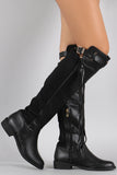 Lycra Buckle Tassel Round Toe Riding Knee High Boot