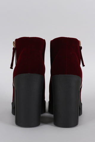 Velvet Pointy Toe Zip Up Lug Sole Platform Heeled Booties