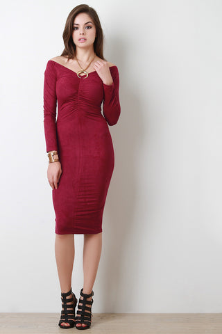 Ruched Bodice Vegan Suede Midi Dress