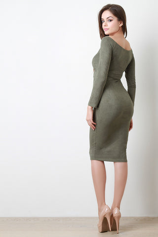 Ruched Bodice Vegan Suede Midi Dress