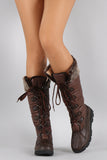 Faux Fur Cuff Lace Up Nylon Knee High Boots