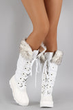 Faux Fur Cuff Lace Up Nylon Knee High Boots