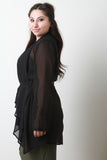 Waist-Tie Chiffon Open Front Long Sleeves Cardigan