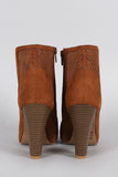 Qupid Perforated Suede Peep Toe Chunky Heeled Booties