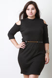 Ribbed Cold Shoulder Belted Fall Dress