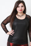 Necklace Curvy Leather Panel Mesh Long Sleeve Top