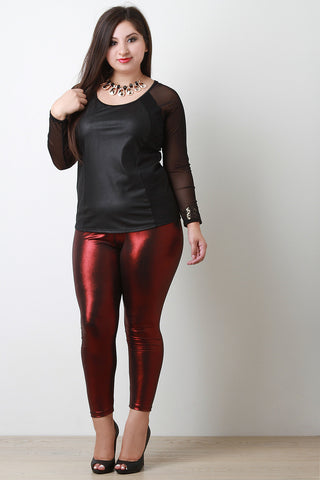 Necklace Curvy Leather Panel Mesh Long Sleeve Top