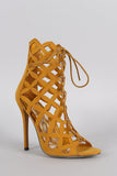 Liliana Suede Caged Intricate Laser-Cut Lace Up Heel