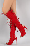 Shoe Republic LA Front-Back Corset Lace Up Knee High Heel