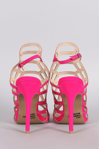 Qupid Nubuck Caged Peep Toe Stiletto Heel