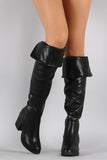 Bamboo Leather Folded Cuff Chunky Heeled Riding Boots