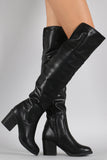 Bamboo Leather Folded Cuff Chunky Heeled Riding Boots