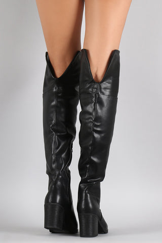 Bamboo Leather Folded Cuff Chunky Heeled Riding Boots