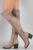 Bamboo Suede Folded Cuff Chunky Heeled Riding Boots