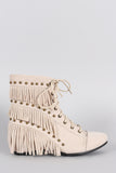 Suede Studded Fringe Lace Up Hidden Wedge Booties