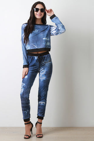 Distressed Denim Print Sweatshirt Crop Top