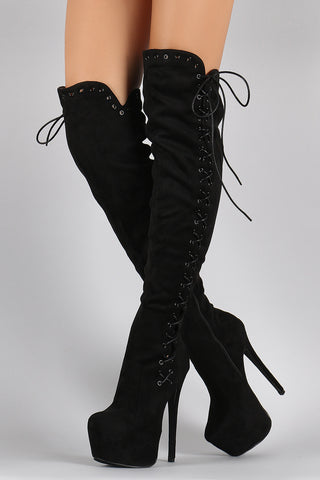 Suede Corset Lace Up Metal Eyelet Chunky Hidden Platform Stiletto Boots