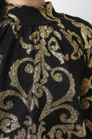 Metallic Baroque Long Sleeve Ruffle Tie Crop Top