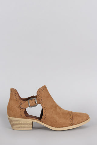 Qupid Perforated Suede Buckled Cutout Cowgirl Ankle Boots