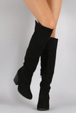 Qupid Suede Chunky Stacked Heeled Knee High Boots