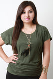 Feather Necklace Ruched Batwing Suede Top