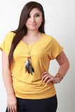 Feather Necklace Ruched Batwing Suede Top