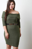 Plate Belt Off Shoulder Ribbed Knit Dress