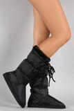 Puffy Nylon Fur Drawstring Snow Mid Calf Flat Boots