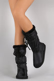 Puffy Nylon Fur Drawstring Snow Mid Calf Flat Boots