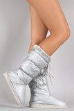 Puffy Nylon Fur Drawstring Snow Mid Calf Flat Boots