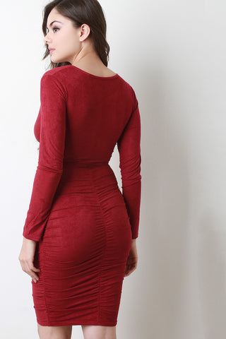 Faux Suede Twisted Front Ruched Dress