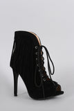 Curved Corset Fringe Peep Toe Booties