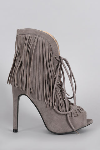 Curved Corset Fringe Peep Toe Booties