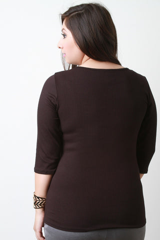 Ribbed Surplice Quarter Sleeves Top