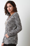 Marled Knit V-Neck Drawstring Hoodie Sweater