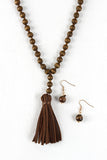 Faux Suede Tassel Wood Bead Necklace