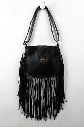 Leather Push Lock Suede Fringe Bag