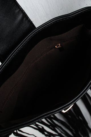 Leather Push Lock Suede Fringe Bag