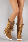 Quilted Faux Fur Cuff Lace Up Mid Calf Boots