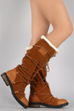 Faux Fur Cuff Strappy Lace Tie Round Toe Knee High Boots