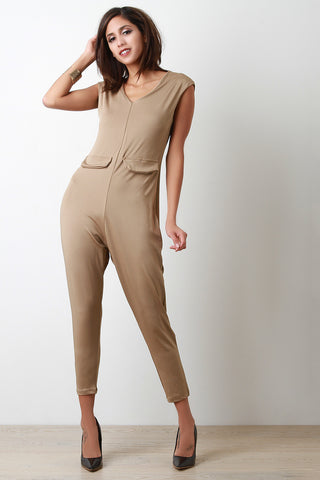 V Neck Faux Pocket Jumpsuit