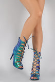 Liliana Hologram Snakeskin Lace Up Peep Toe Heel