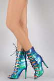 Liliana Hologram Snakeskin Lace Up Peep Toe Heel