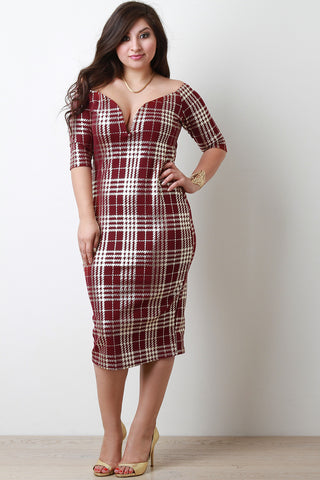 Plaid Off Shoulder Elbow Sleeves Bodycon Midi Dress