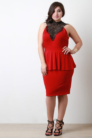 Crochet Neckline Knit Peplum Dress