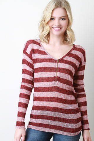 Loose Knit Striped V-Neck Top