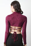 Mock Neck Vegan Suede Lace Back Crop Top