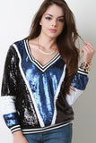 V-Sequined Striped Trim Top